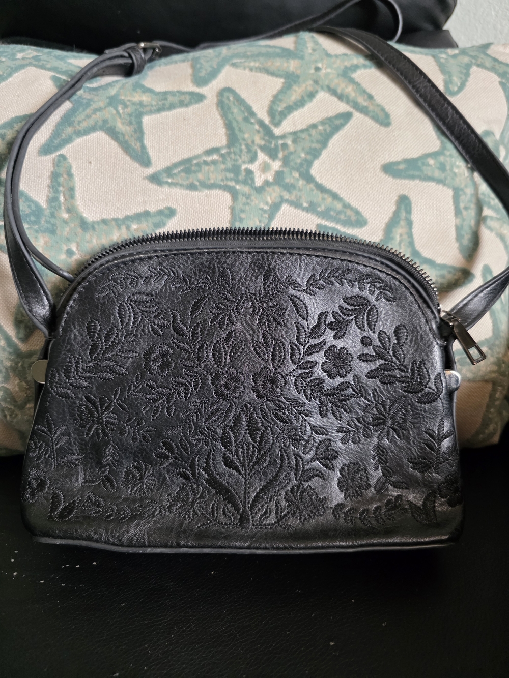 Black Floral Embossed  Crossbody Bag